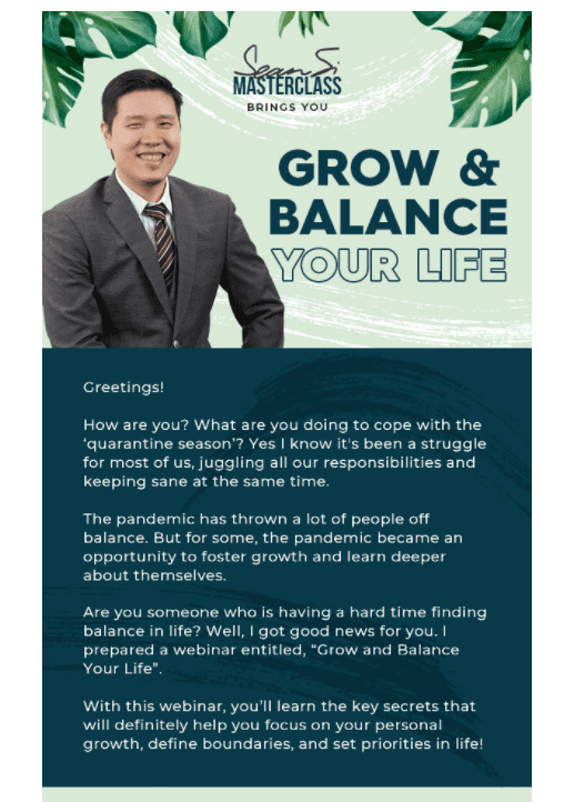 screenshot of grow and balance your life event email