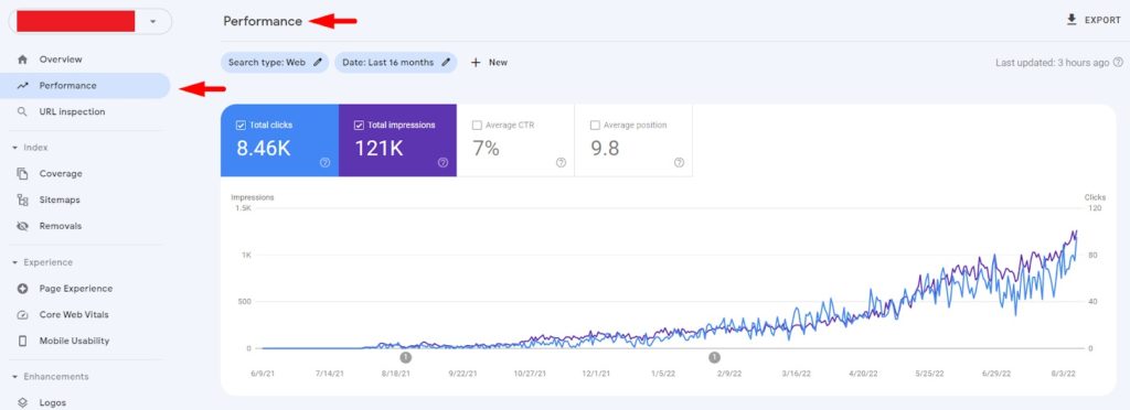 google search console performance section