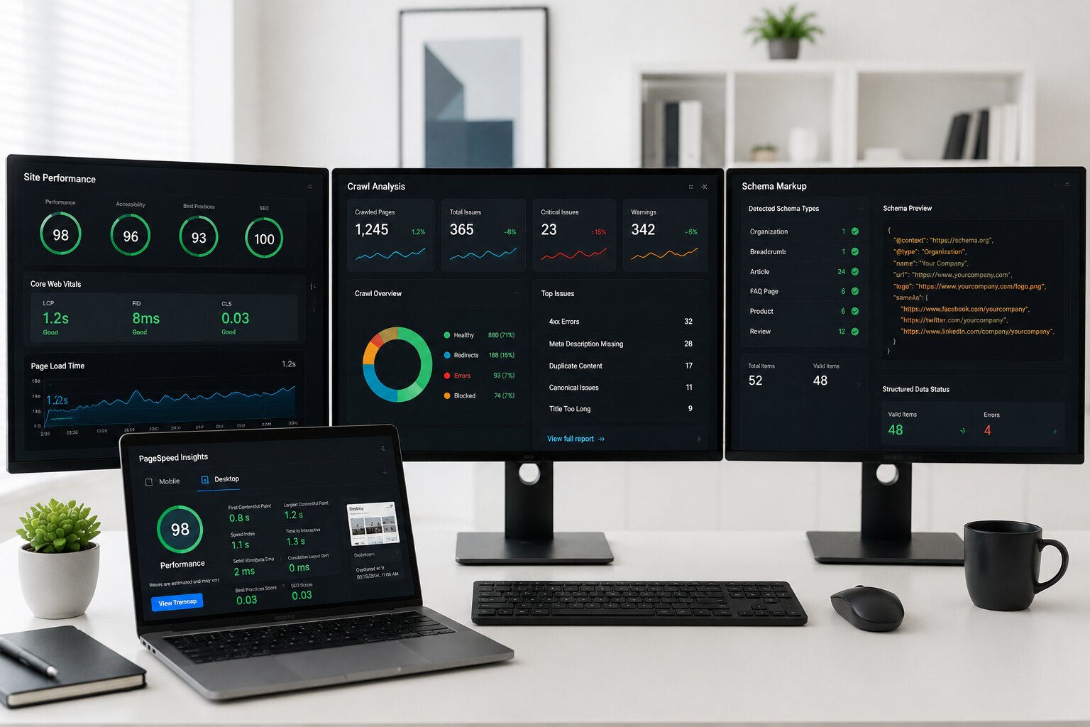 website performance metrics, structured data, and technical optimization dashboards on computer monitors.
