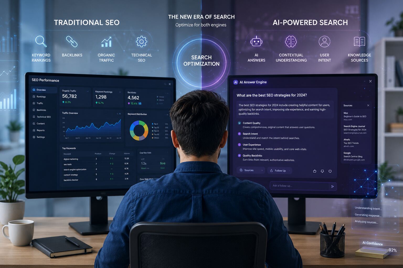 Digital marketer comparing traditional SEO analytics with AI-generated search results and answer engine interfaces.