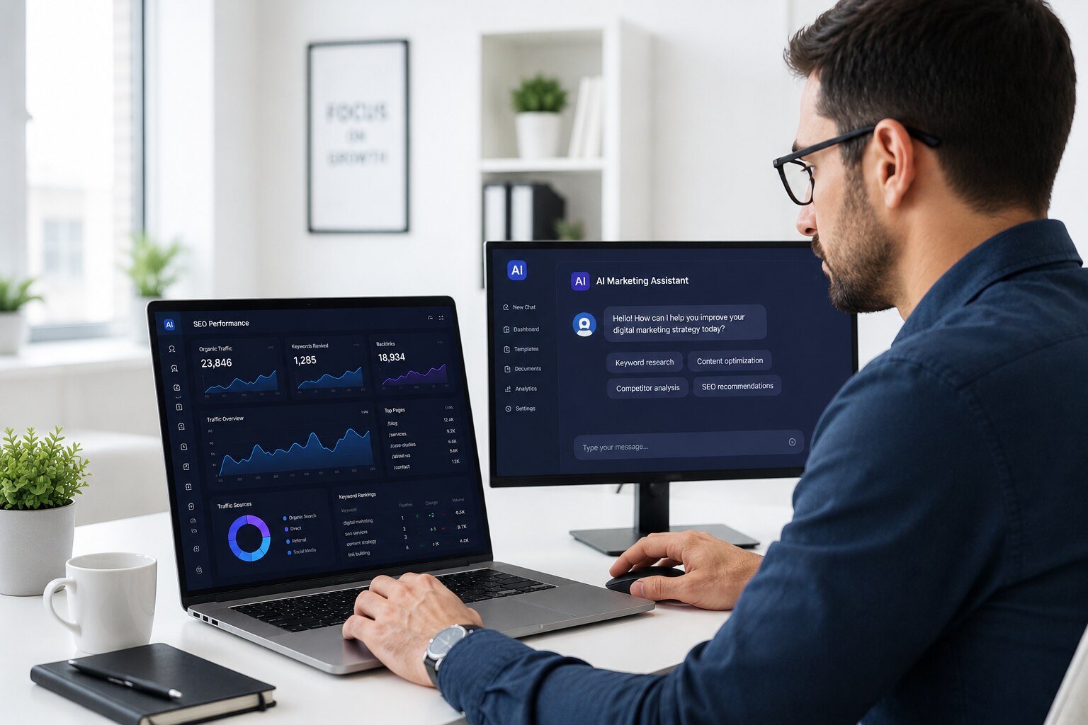 Professional digital marketer analyzing SEO analytics and AI-powered search interfaces on multiple screens in a modern workspace.