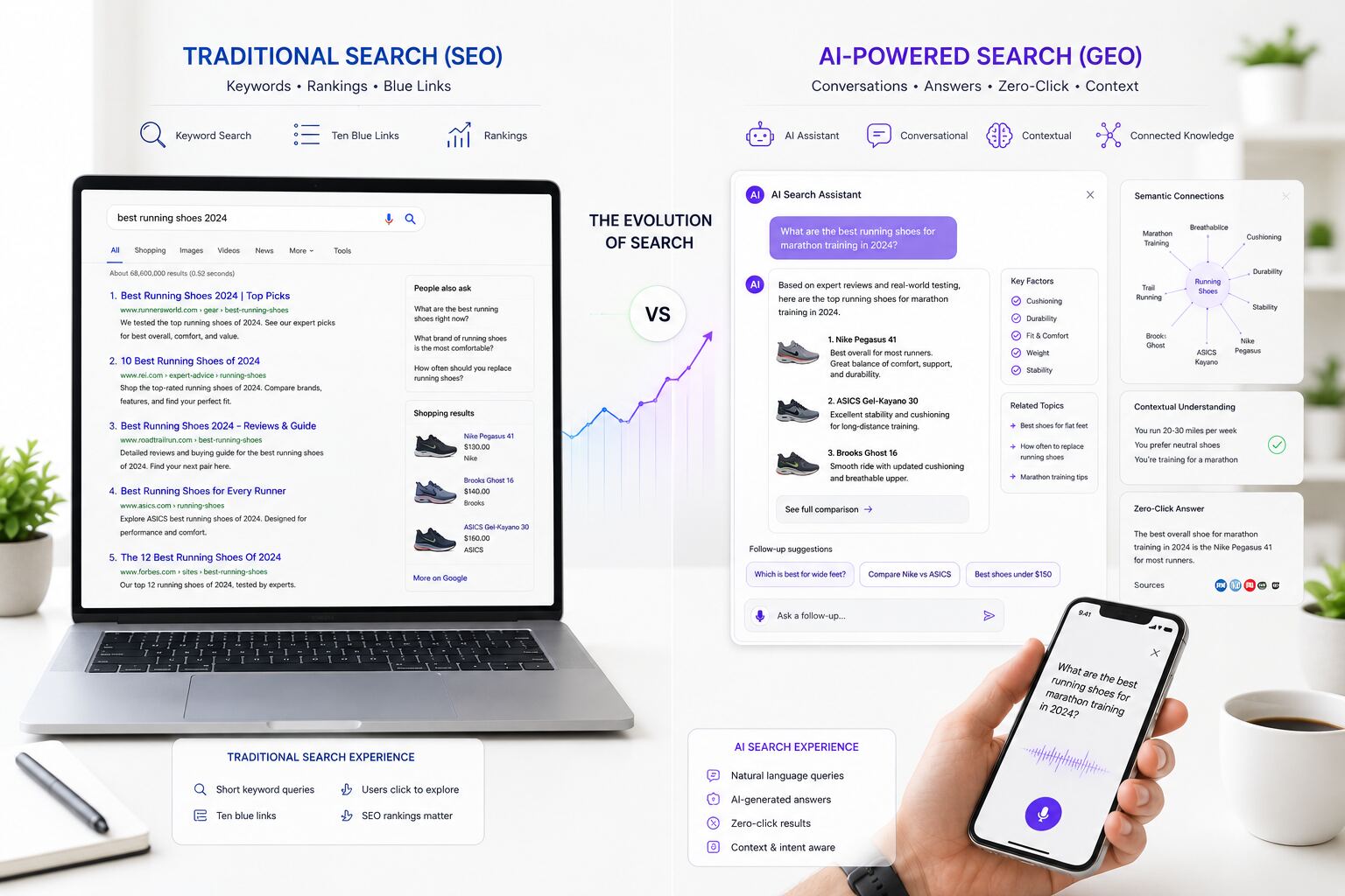 Comparison between traditional SEO search and AI-powered search interfaces showing the evolution from keyword rankings to conversational, context-driven answers.