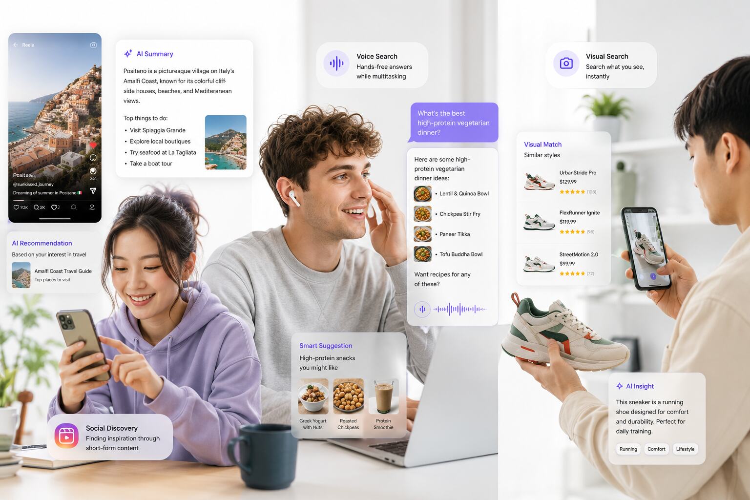 Users interacting with AI-powered search through voice search, social discovery, visual search, and personalized recommendations across mobile and desktop devices.