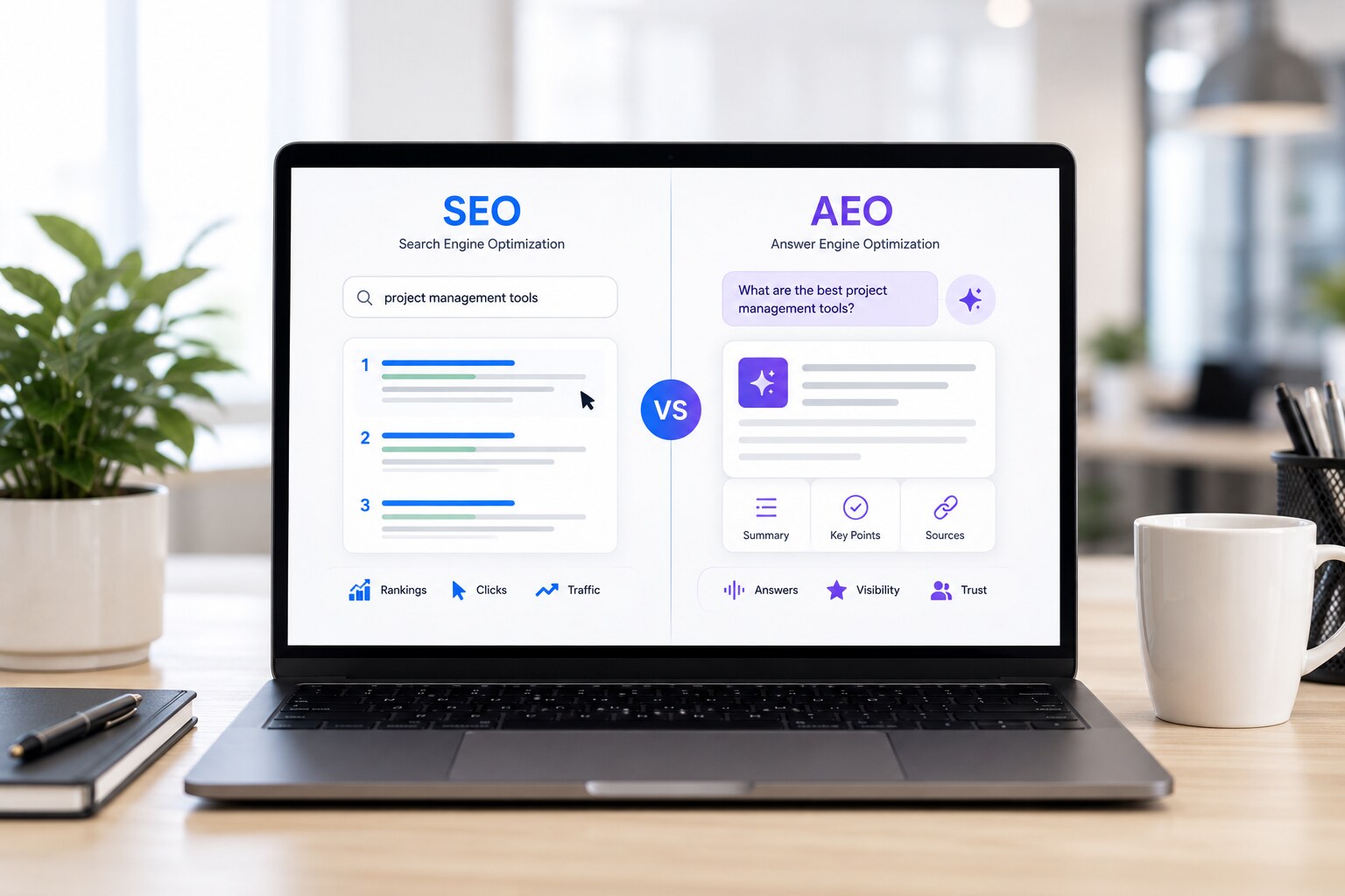 Laptop screen displaying a side-by-side comparison of SEO and AEO, highlighting traditional search rankings versus AI-generated answer experiences