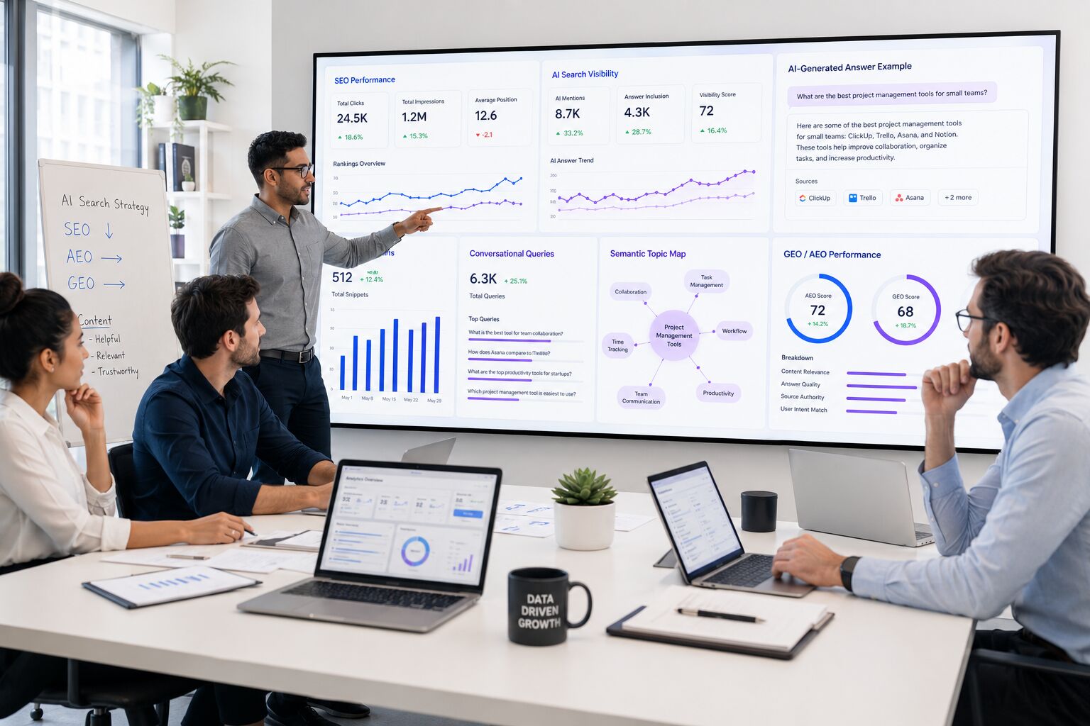 Team reviewing AEO and GEO performance dashboards in a modern office meeting room with SEO analytics and AI visibility metrics displayed on a large screen