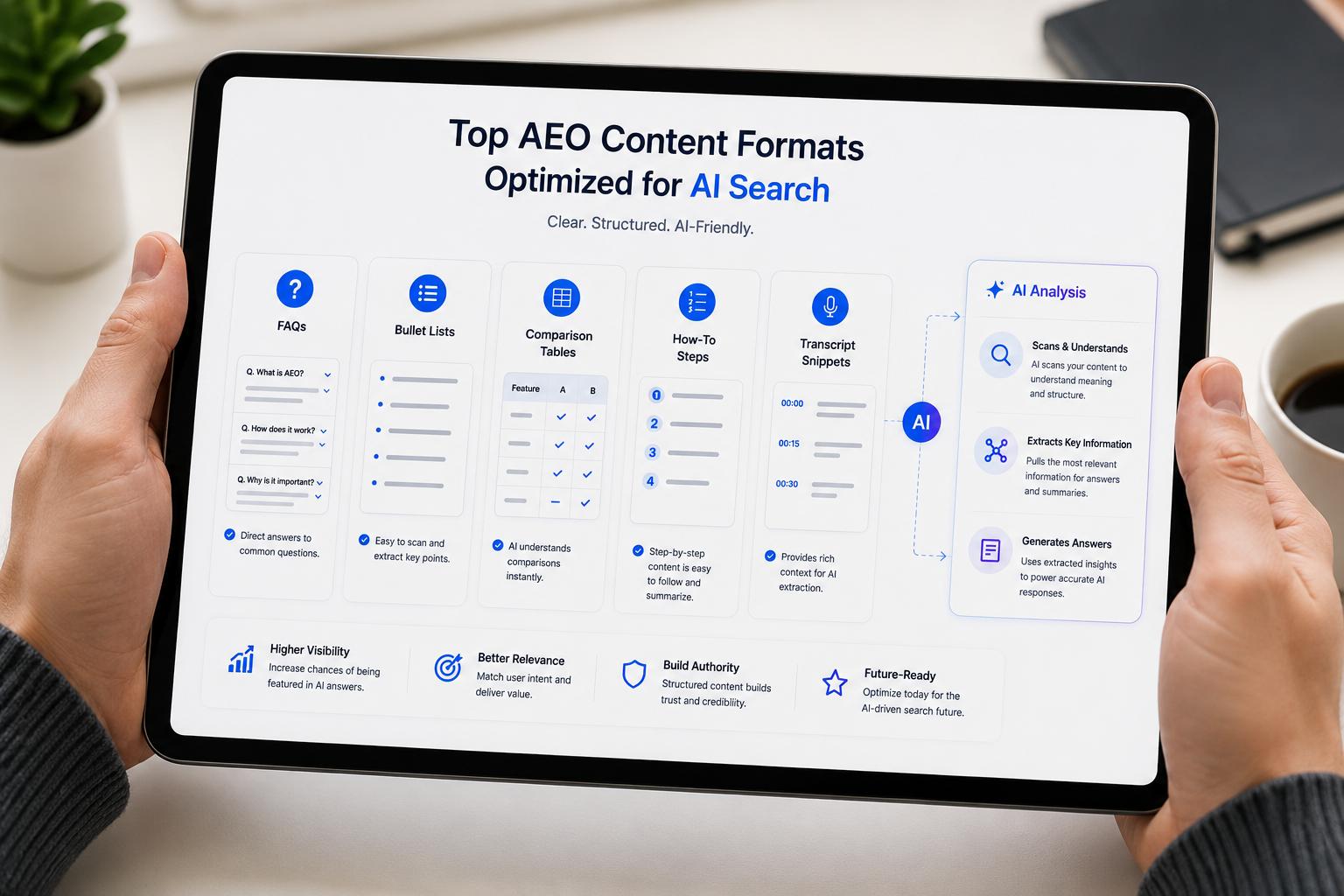 Tablet displaying top AEO content formats including FAQs, bullet lists, comparison tables, how-to steps, and transcript snippets optimized for AI search.