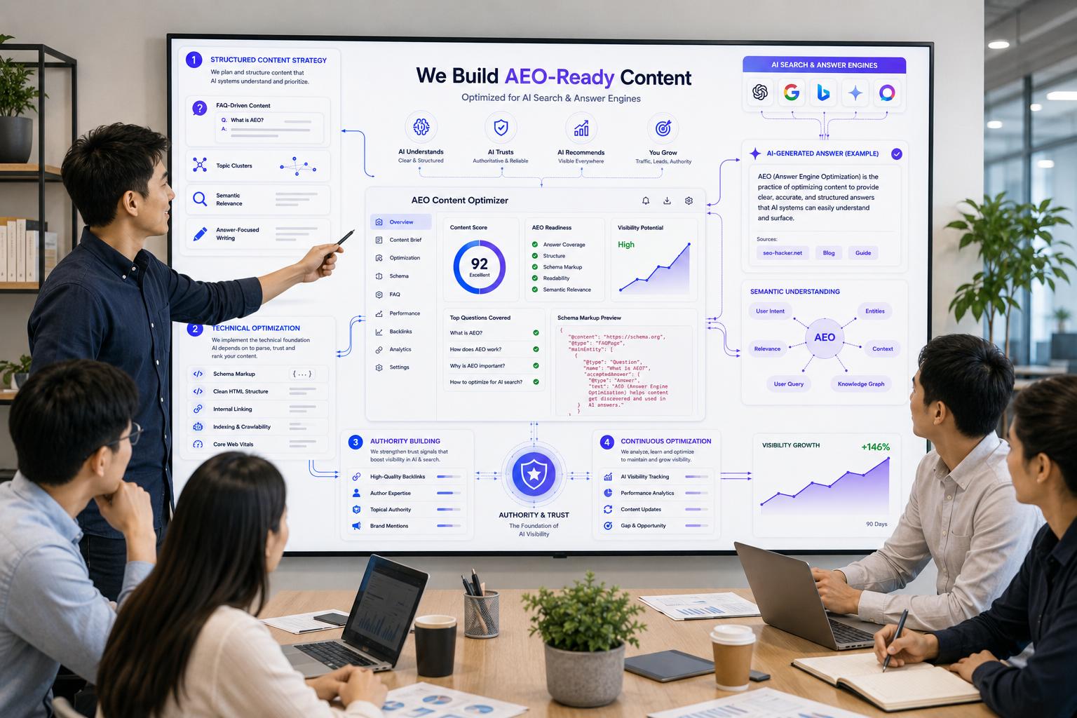 SEO Hacker team presenting an AEO-ready content strategy dashboard with structured content planning, schema markup, authority building, and AI search optimization analytics.