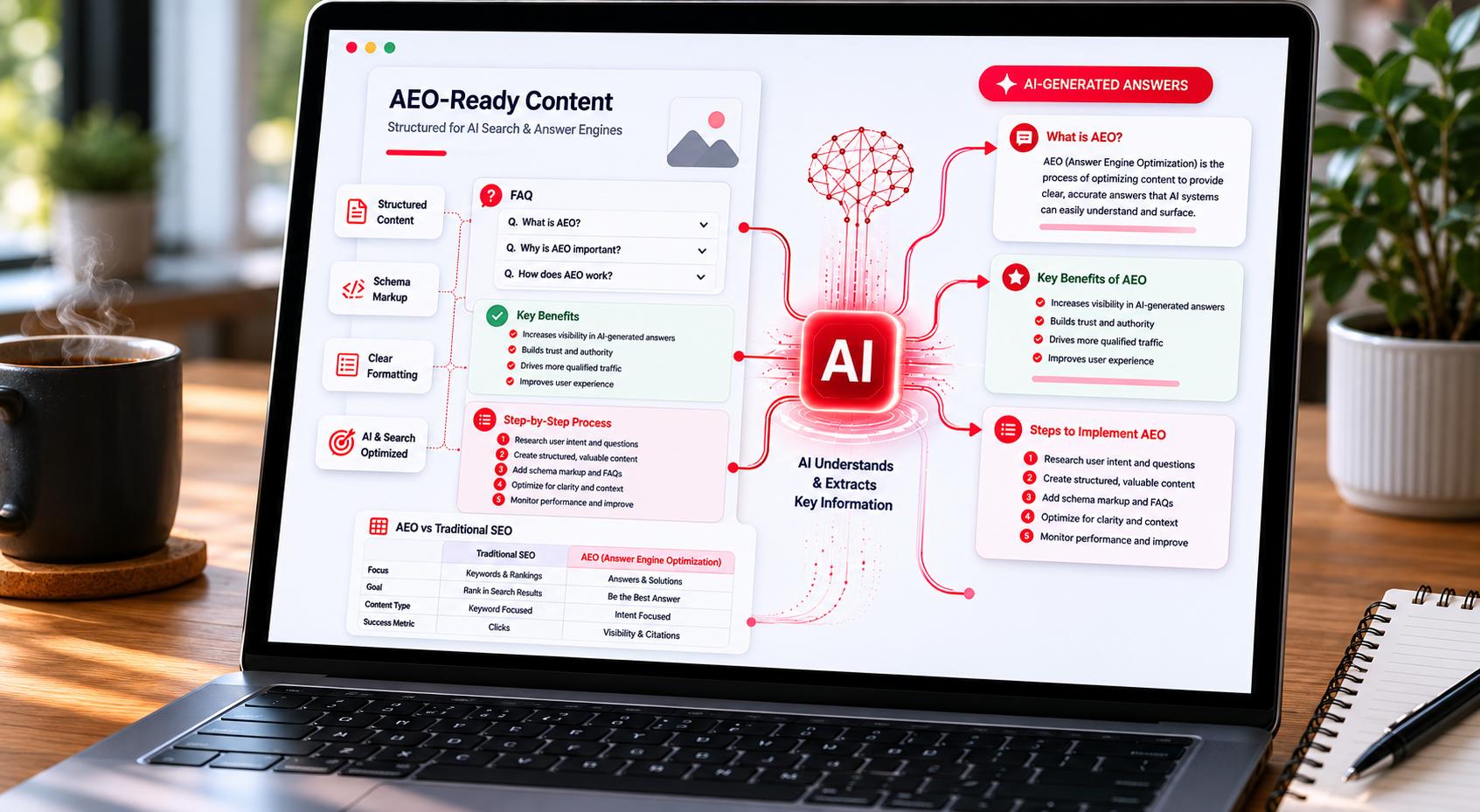 Laptop screen showing AEO-ready content structure with FAQs, schema markup, bullet lists, and AI-generated answer extraction visualization.
