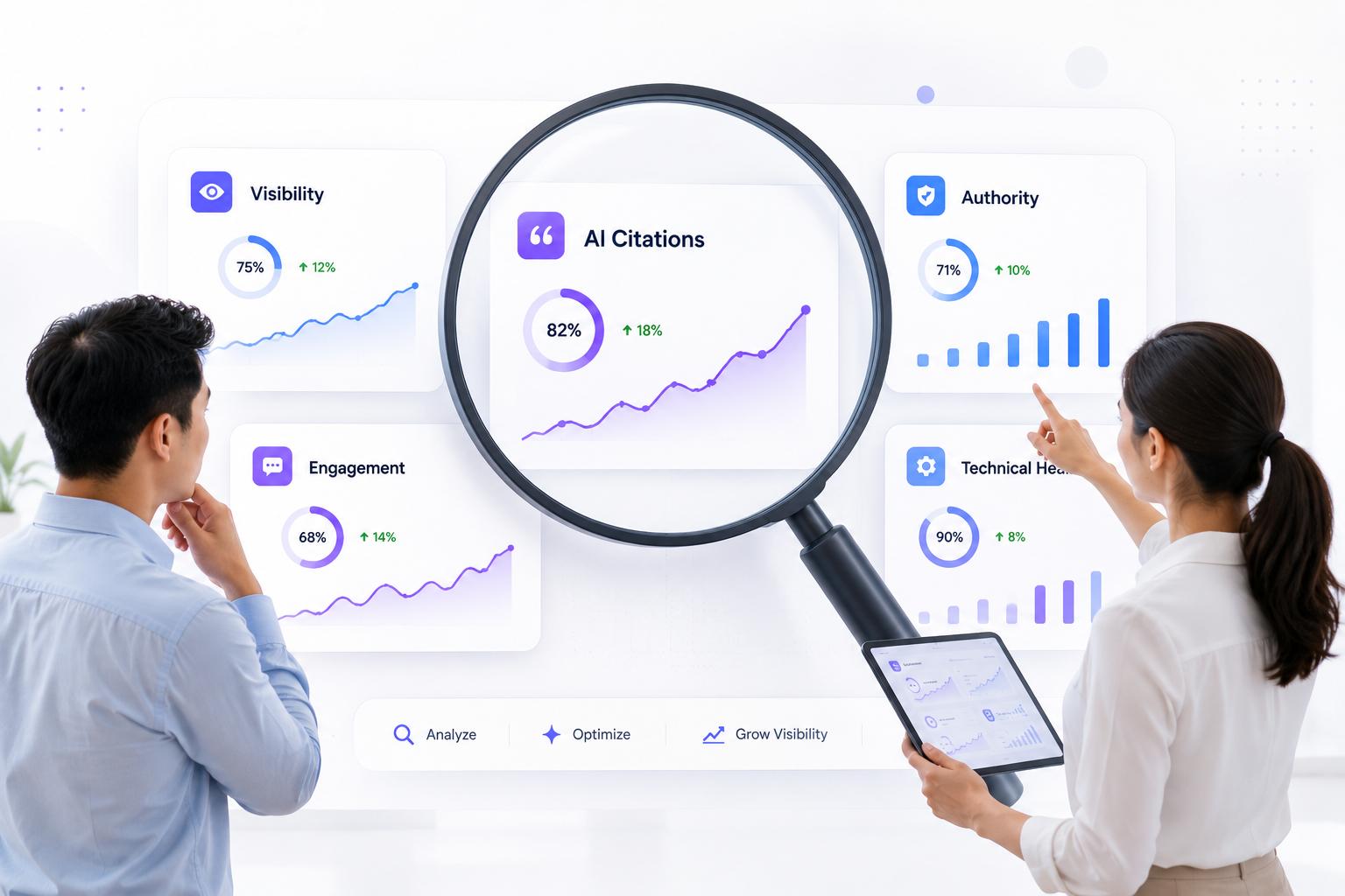 Marketing team reviewing AI citation and visibility metrics on a clean analytics dashboard
