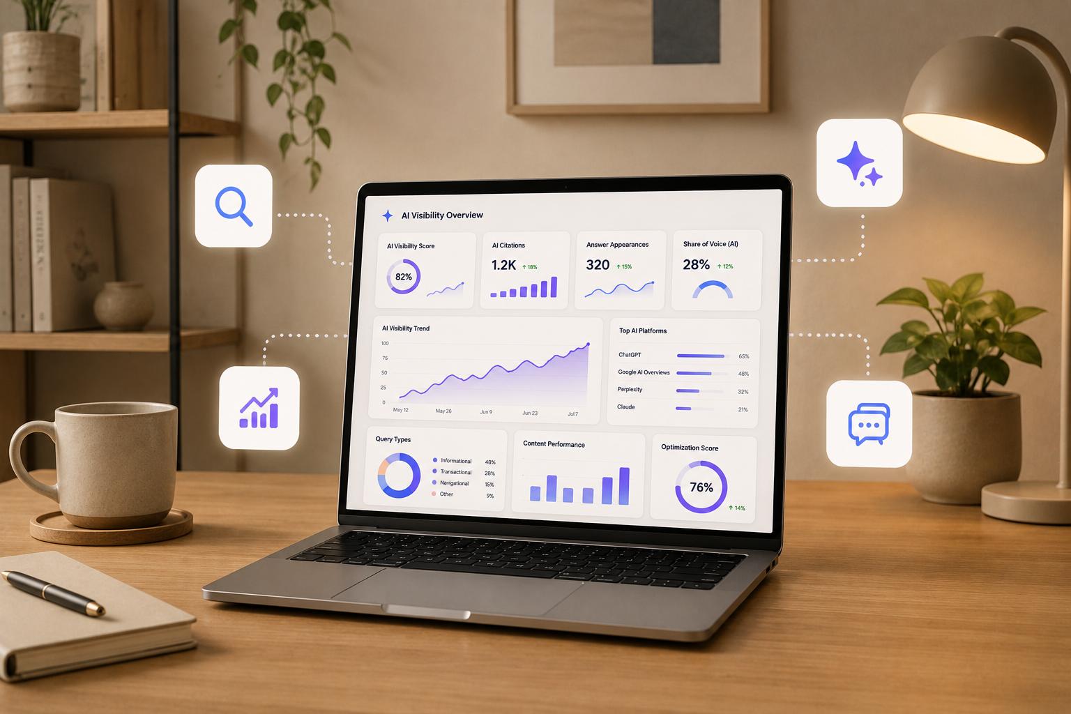 Laptop displaying AI visibility tracking dashboard with AEO and GEO performance metrics in a modern workspace