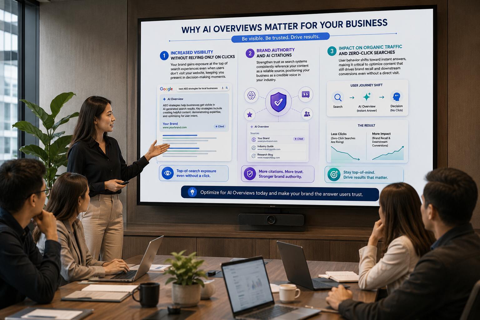Woman presenting an AI Overview business strategy infographic on a large screen during a corporate meeting with colleagues in a modern conference room.