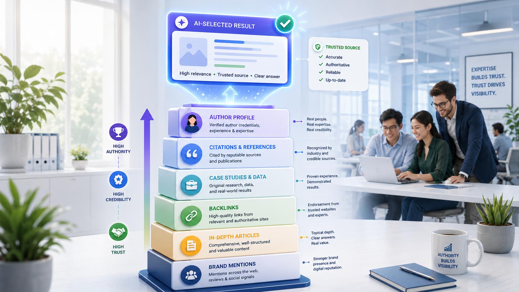Authority stack showing author profile, citations, case studies, backlinks, in-depth articles, and brand mentions leading to an AI-selected result