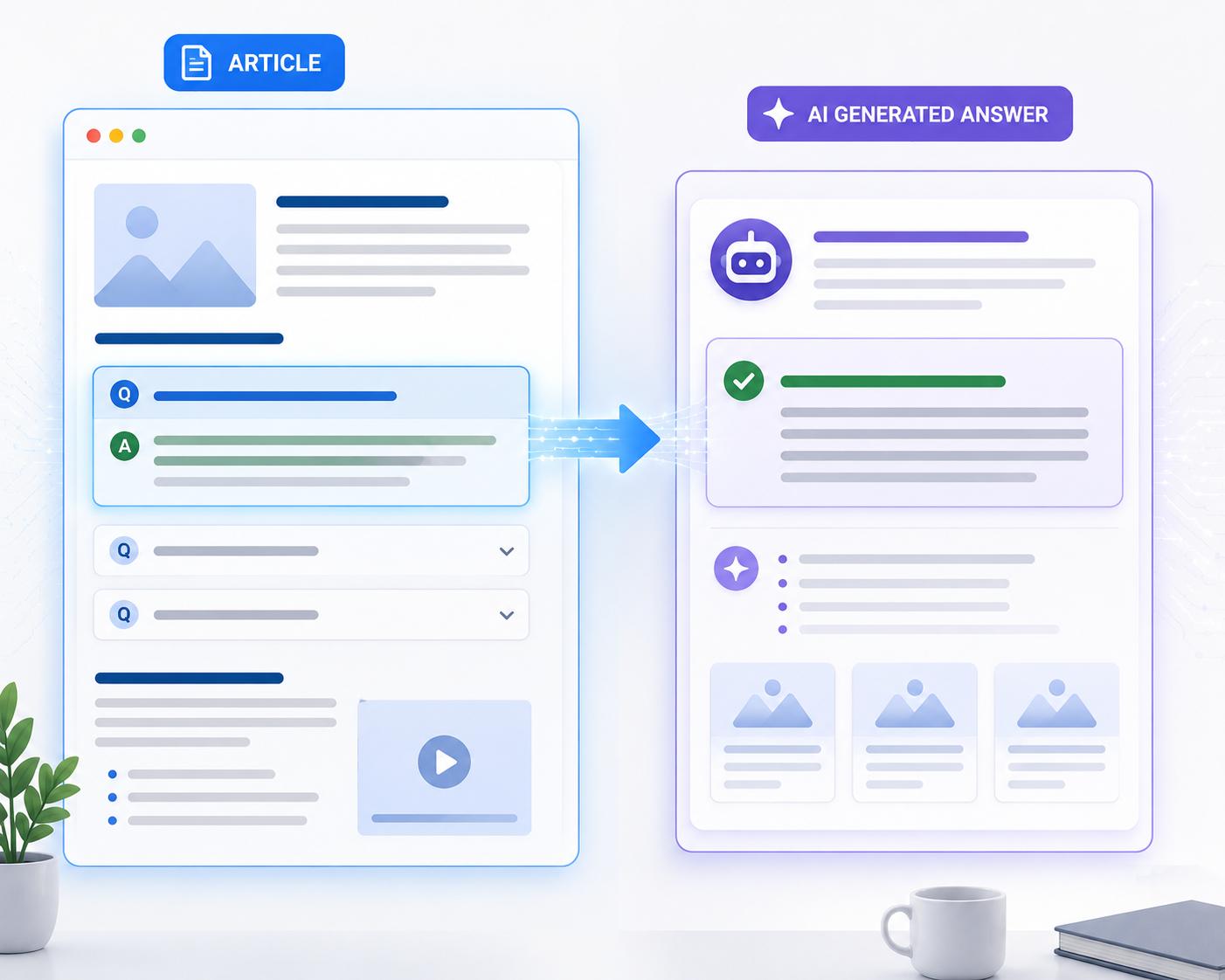 Structured article content being pulled into an AI-generated answer panel to show how clear answers improve content extractability