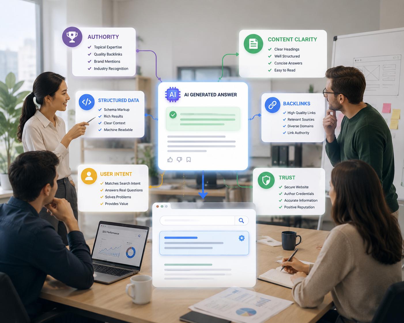 SEO team in an office reviewing authority, content clarity, structured data, backlinks, user intent, and trust signals for an AI-generated answer