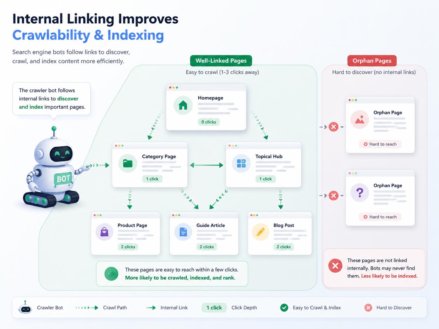 Crawler bot following internal link paths between well-linked pages while orphan pages remain disconnected