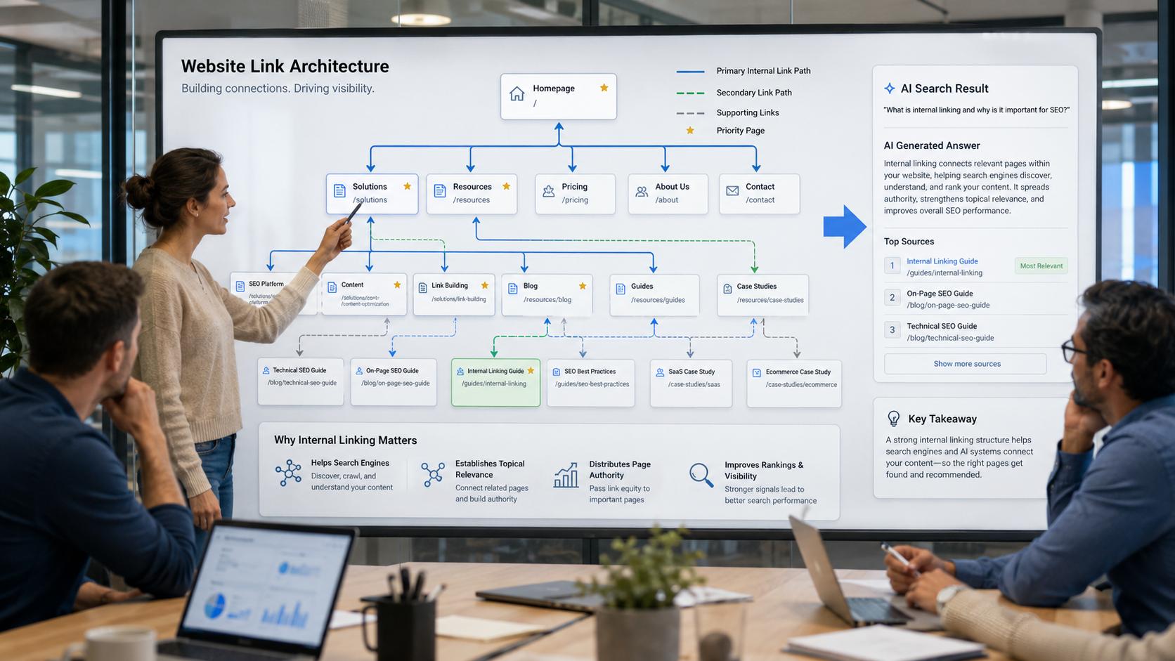 SEO team reviewing a website link architecture map showing internal link paths, priority pages, and an AI search result