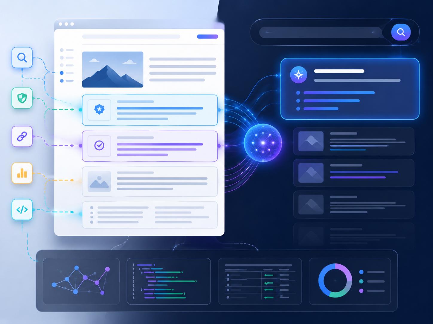 AI search interface analyzing structured website content for visibility in AI-generated answers