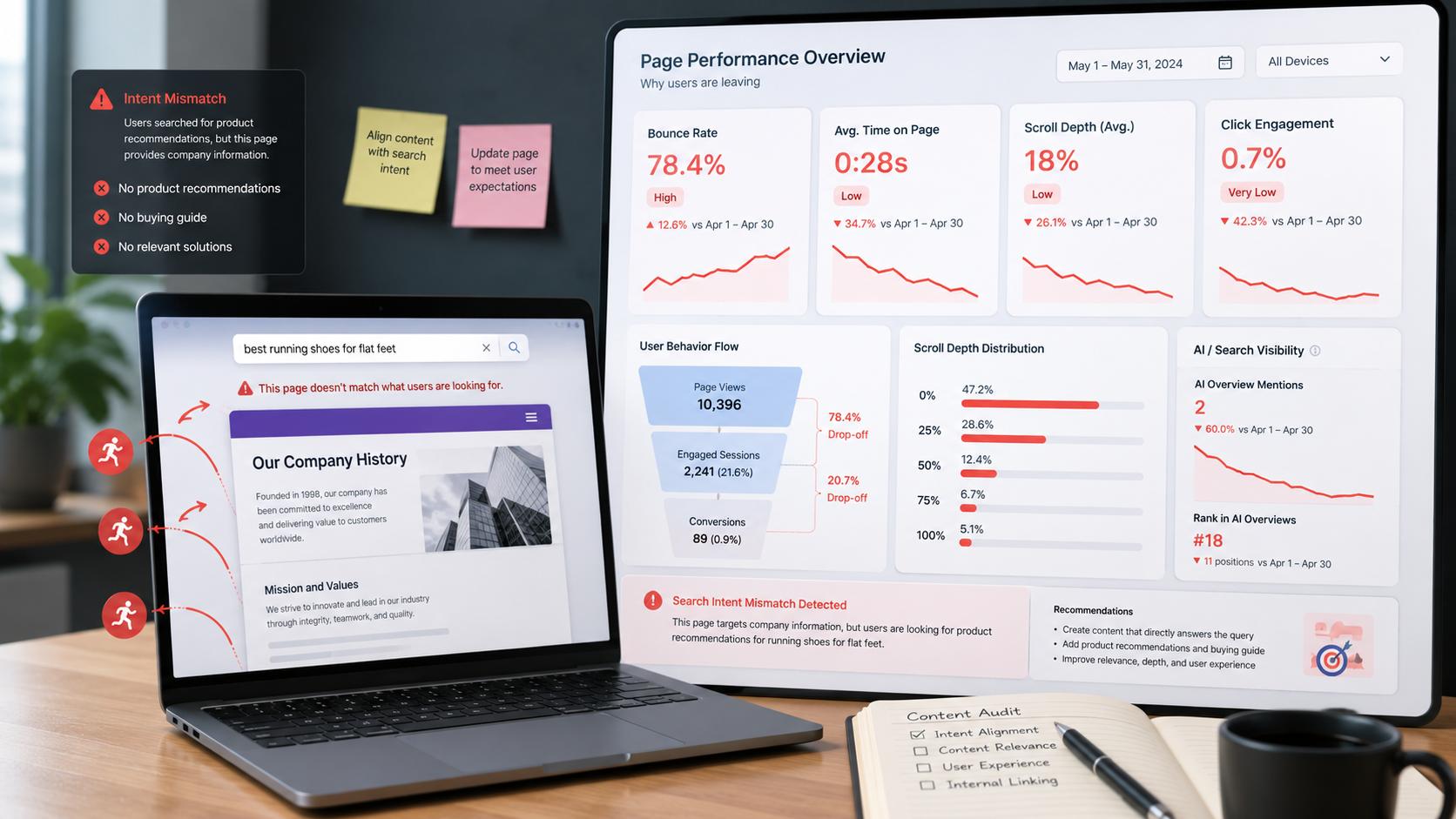 Analytics dashboard showing high bounce rate, low scroll depth, short time on page, and declining AI search visibility caused by intent mismatch