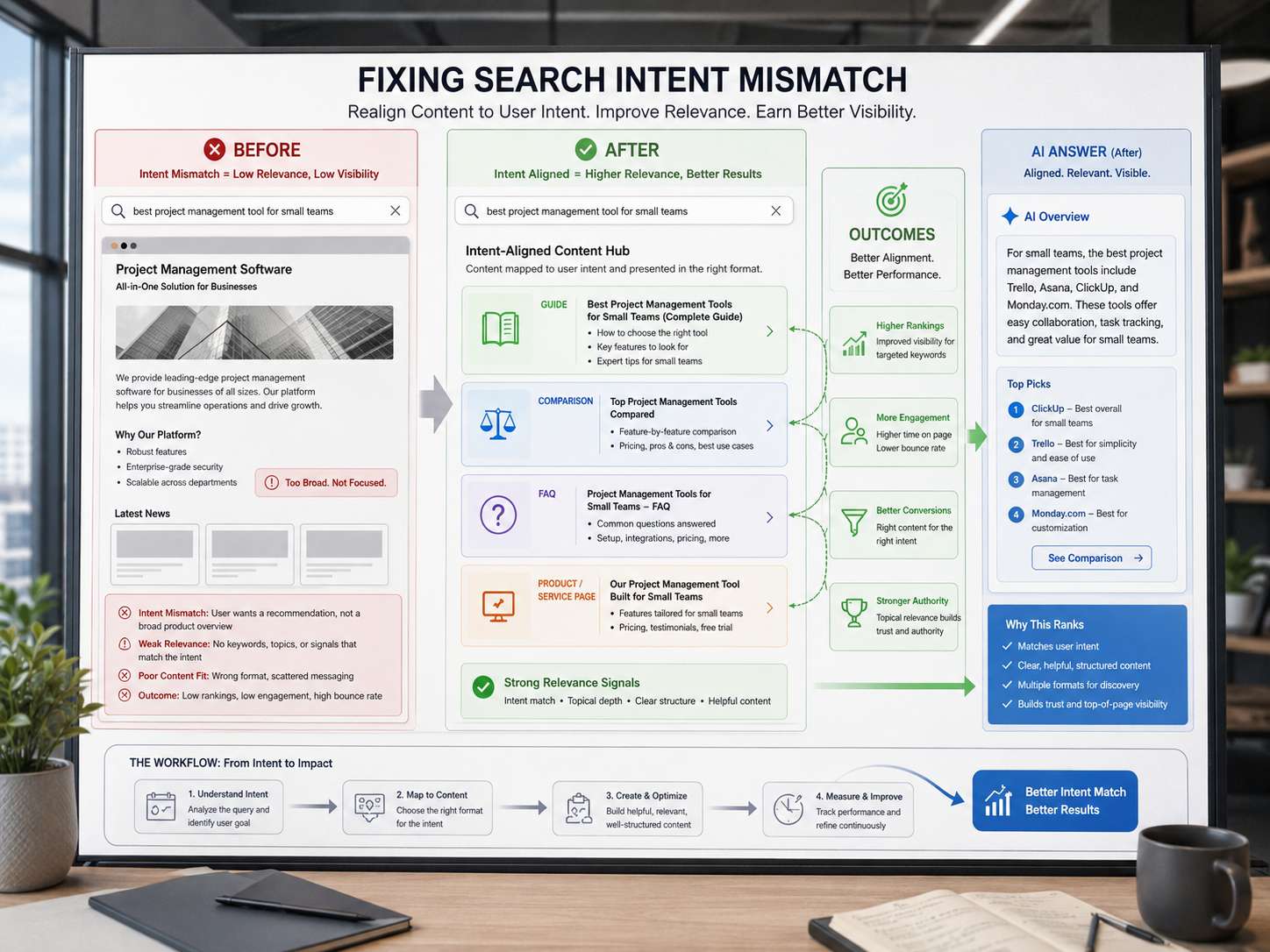 Before-and-after content strategy board showing a mismatched webpage realigned into guide, comparison, FAQ, and product page formats