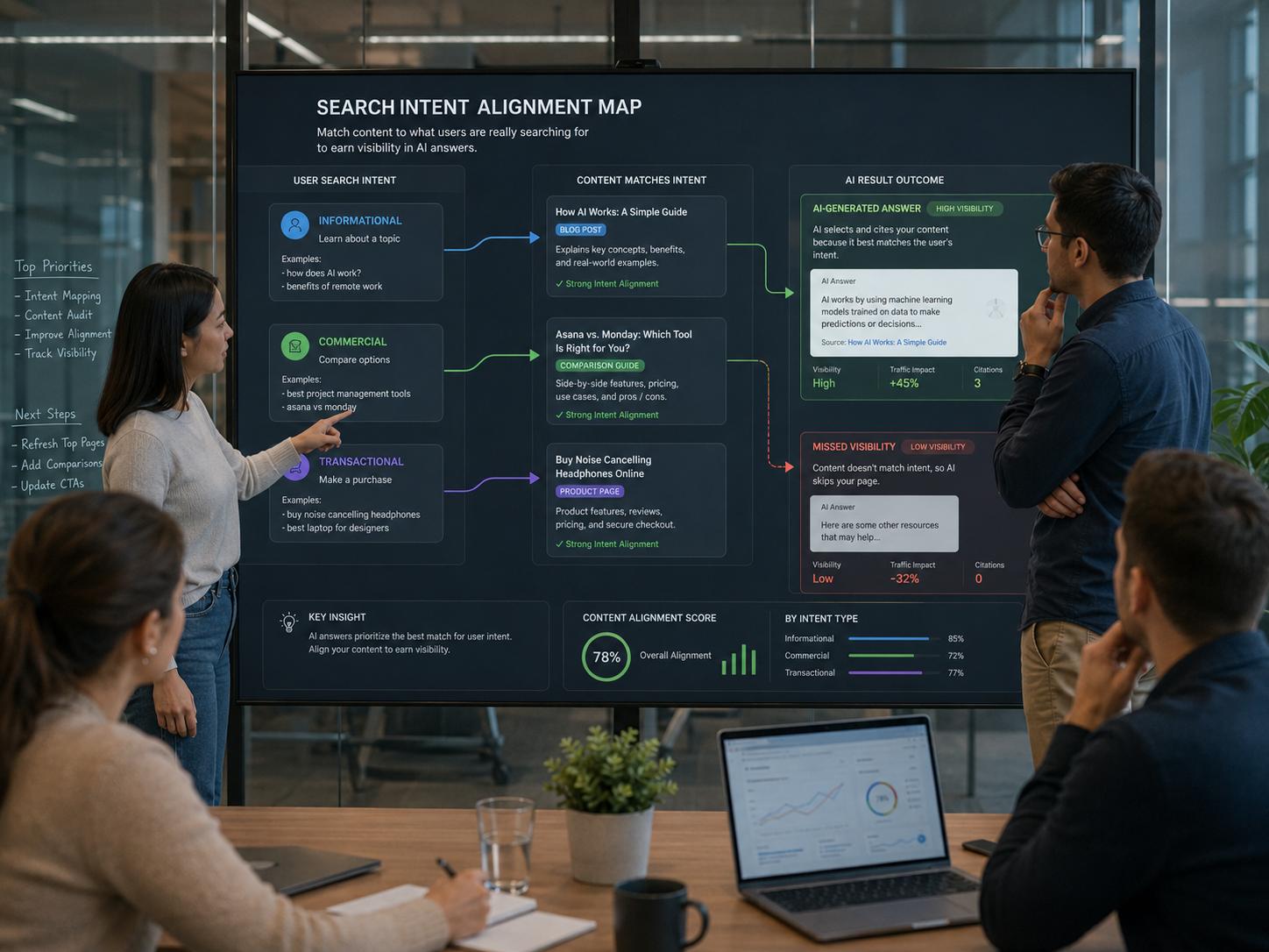 SEO team reviewing a search intent alignment map showing informational, commercial, and transactional paths leading to AI visibility outcomes
