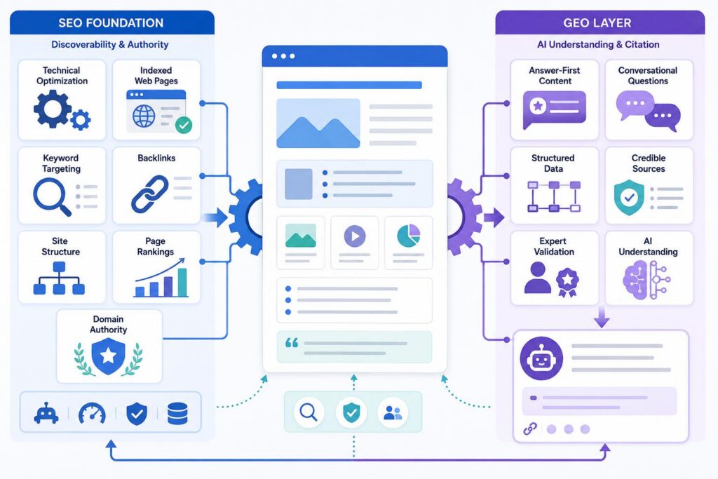 SEO signals such as keywords, backlinks, site structure, and authority supporting content that AI systems can understand, extract, and cite