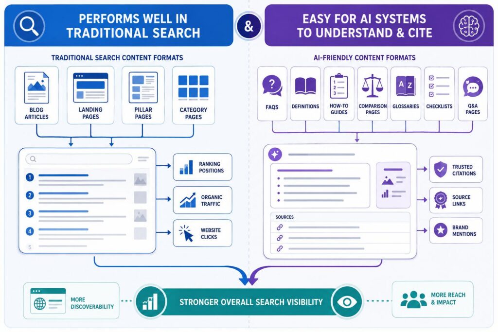 Traditional search content formats and AI-friendly formats connected to rankings, organic traffic, website clicks, trusted citations, source links, and brand mentions