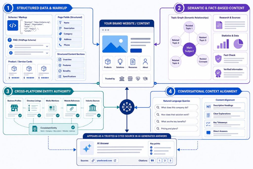 Four GEO signals—structured data, semantic content, cross-platform authority, and conversational alignment—helping a website become a cited AI source