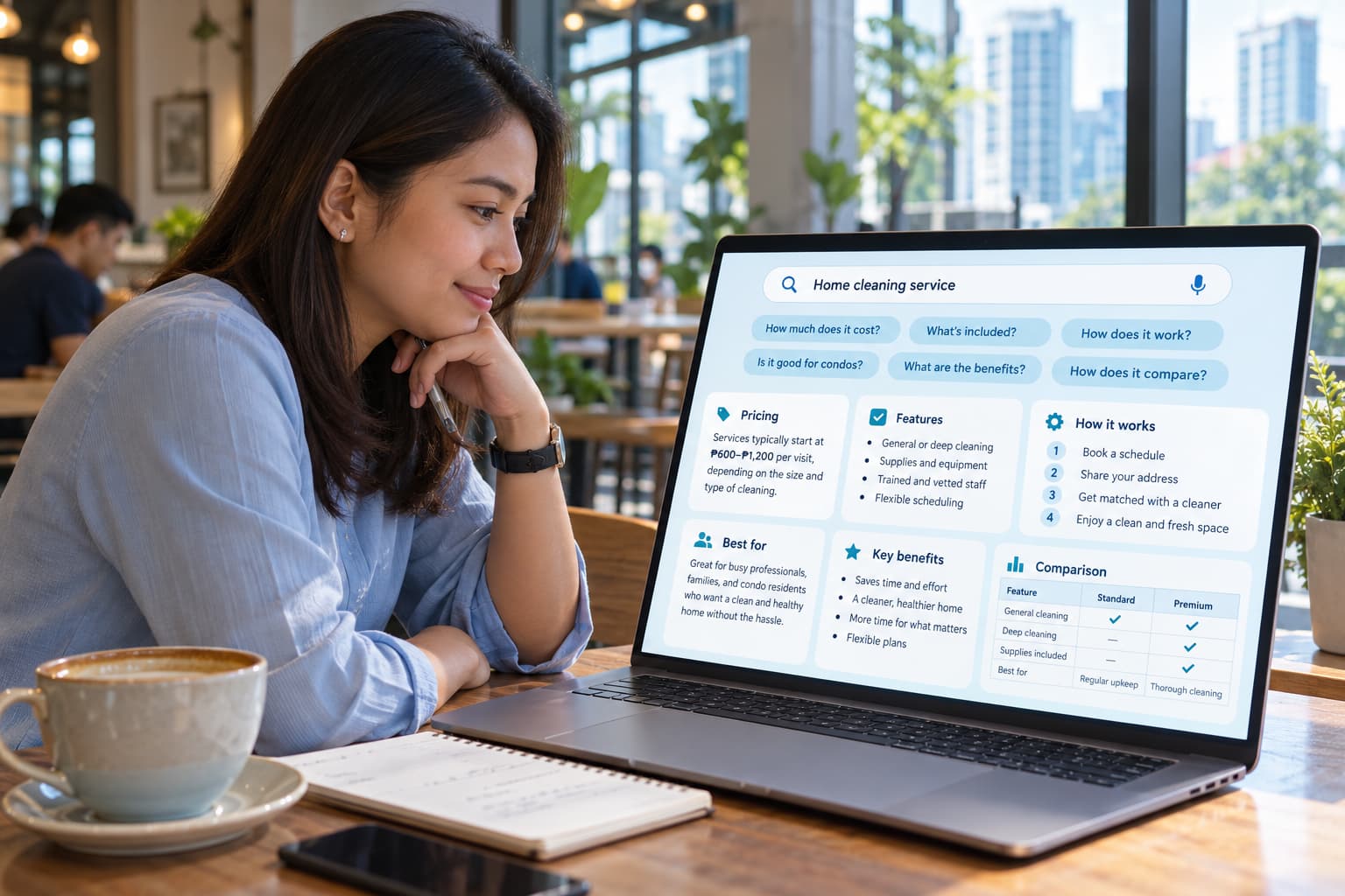 Customer researching a service through direct questions and concise answer results designed to support comparison and purchasing decisions