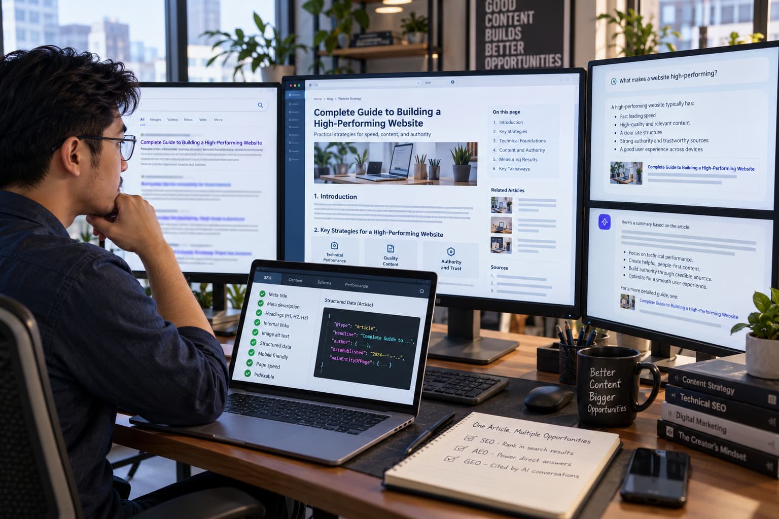 Optimized website content appearing in traditional search rankings, direct-answer results, and AI-generated citations through combined SEO, AEO, and GEO