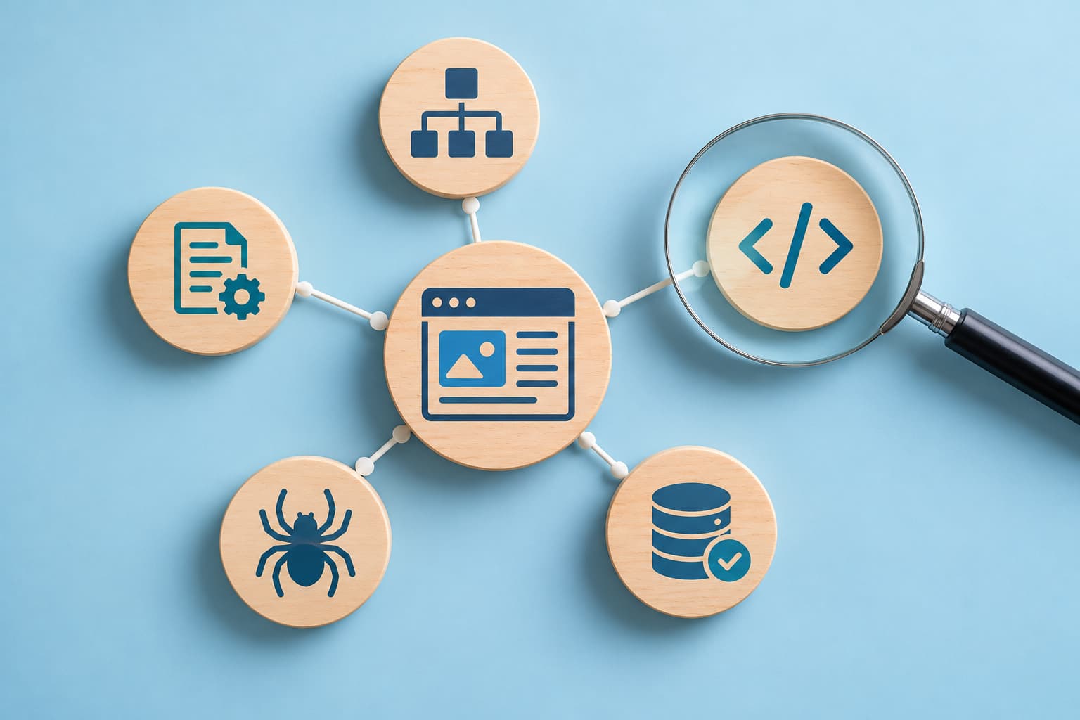Minimalist technical SEO concept showing website structure, schema markup, crawlability, indexing, and business data connected to one central site