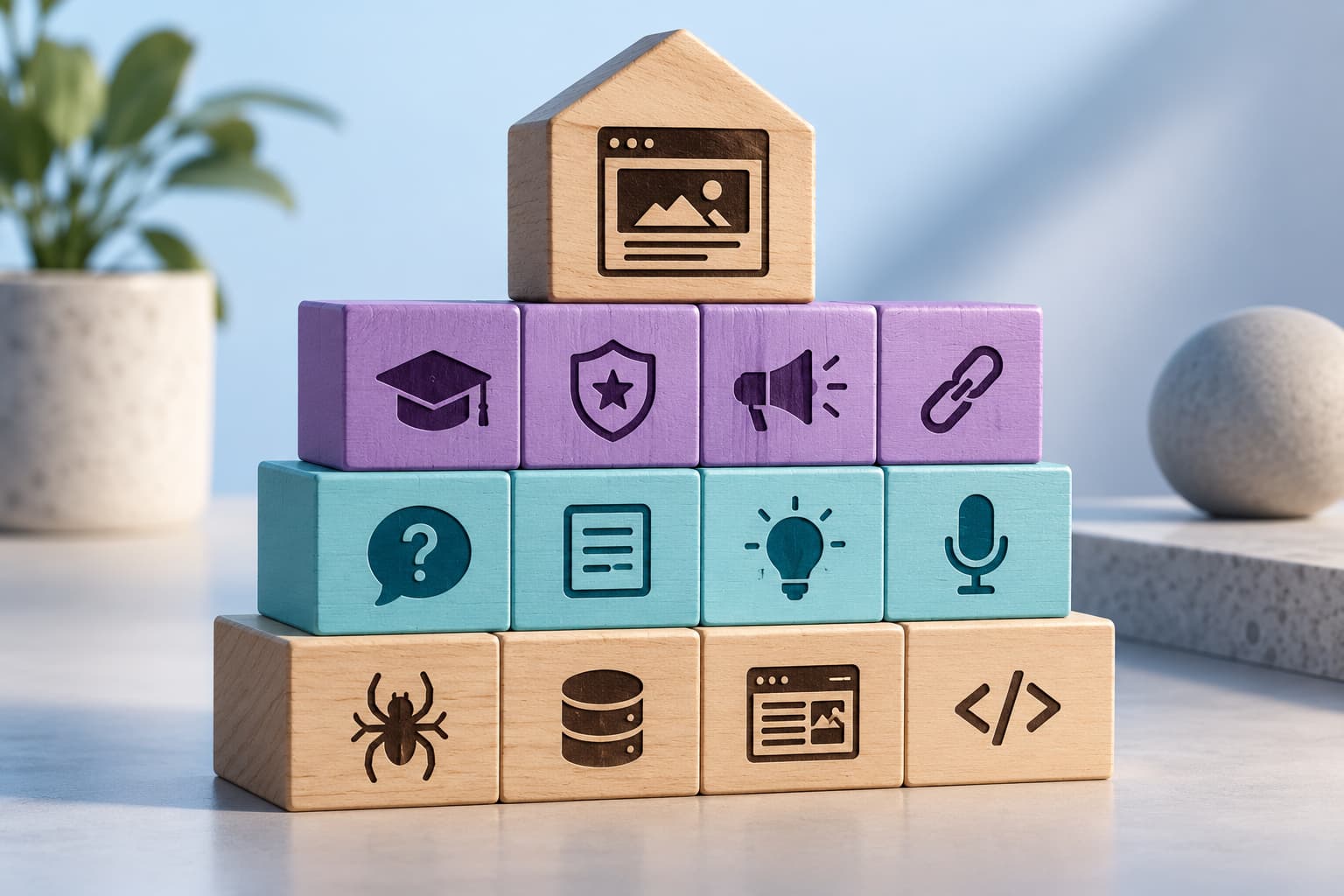 Layered SEO, AEO, and GEO structure showing technical SEO, direct-answer content, and authority signals supporting one unified search strategy