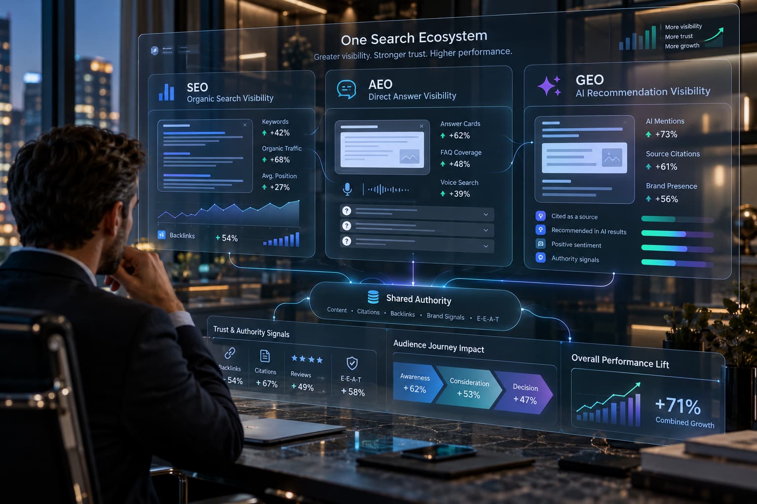 Professional reviewing connected organic search, direct-answer, and AI recommendation interfaces showing how SEO, AEO, and GEO reinforce one another